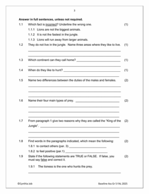 English FAL Gr. 5 Baseline Assessment 2025 Term 1 – HB Trained