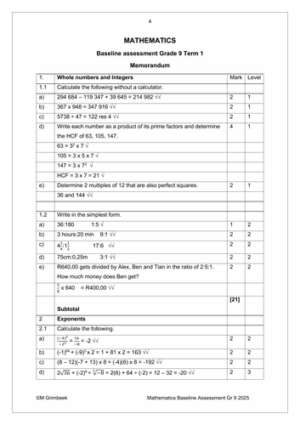 Mathematics Gr. 9 Baseline assessment 2025 Term 1 – HB Trained