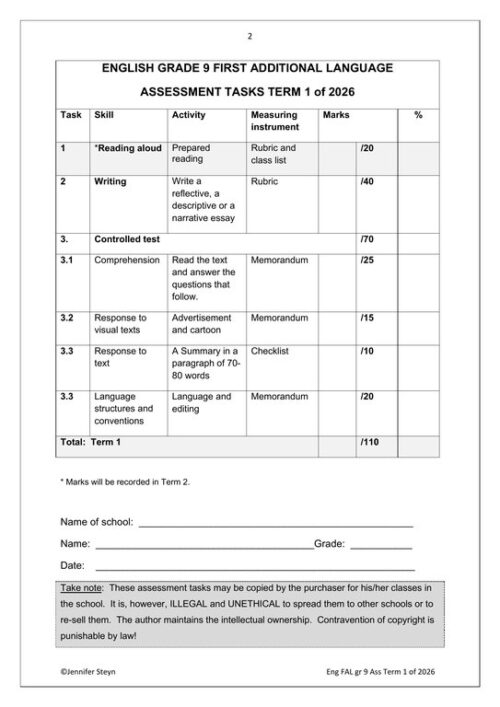 English FAL Gr. 9 Assessment Task 2026 Term 1 – HB Trained