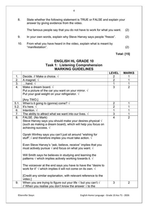 English Home Language Gr. 10 Assessment Task 2026 Term 1 – HB Trained