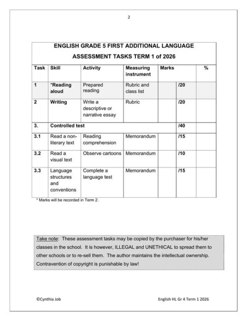 English Home Language Gr. 4 Assessment Task 2026 Term 1 – HB Trained