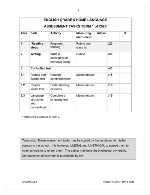 English Home Language Gr. 5 Assessment Task 2026 Term 1 – HB Trained