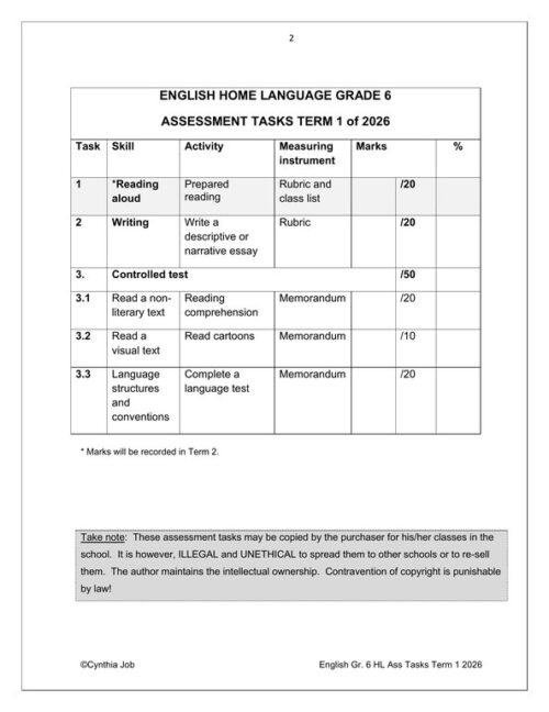 English Home Language Gr. 6 Assessment Task 2026 Term 1 – HB Trained