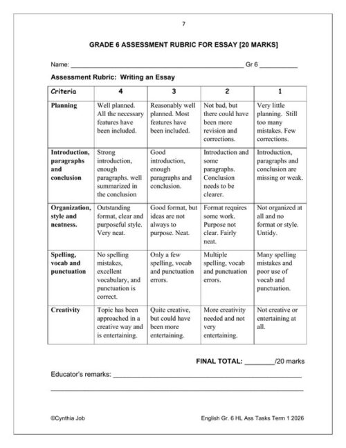 English Home Language Gr. 6 Assessment Task 2026 Term 1 – HB Trained