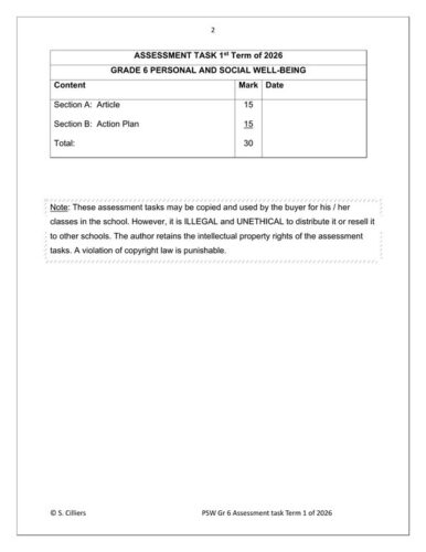 Life Skills (PSW) Gr. 6 Assessment Task 2026 Term 1 – HB Trained