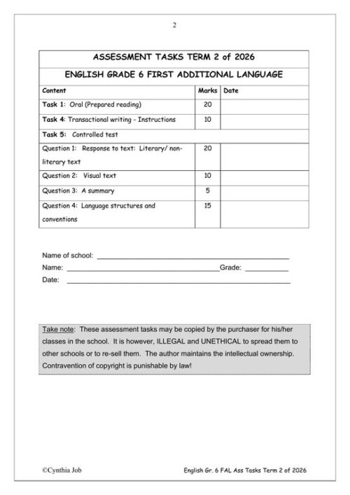 English FAL Gr. 6 Assessment Task 2026 Term 2 – HB Trained