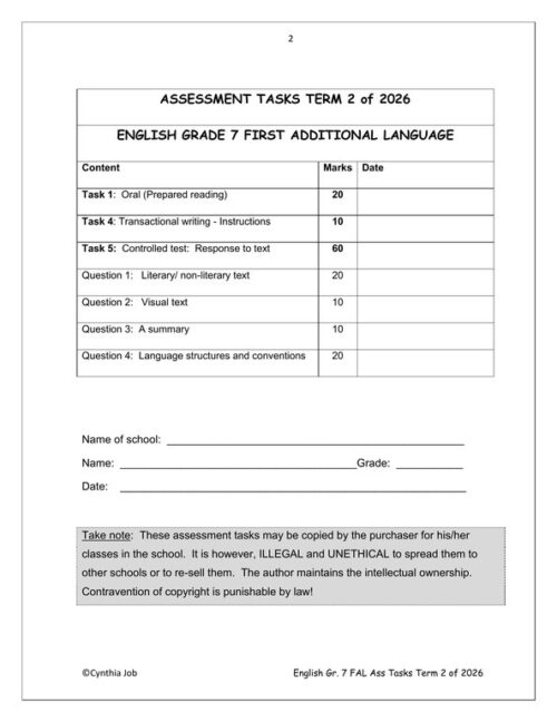 English FAL Gr. 7 Assessment Task 2026 Term 2 – HB Trained