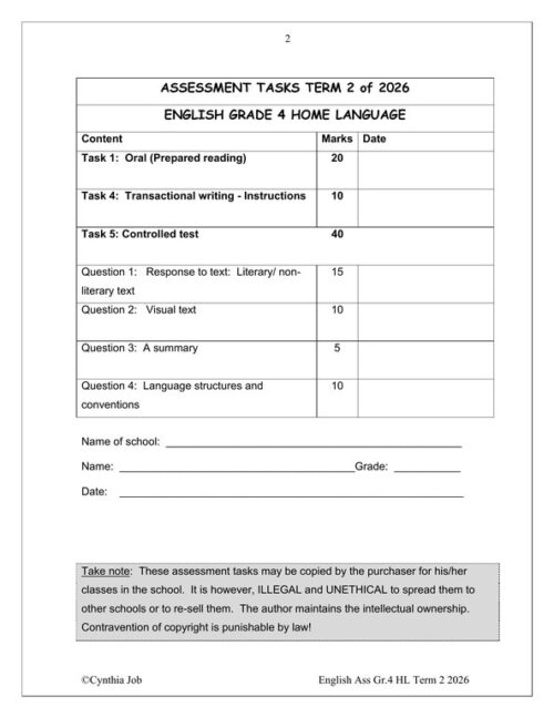English Home Language Gr. 4 Assessment Task 2026 Term 2 – HB Trained