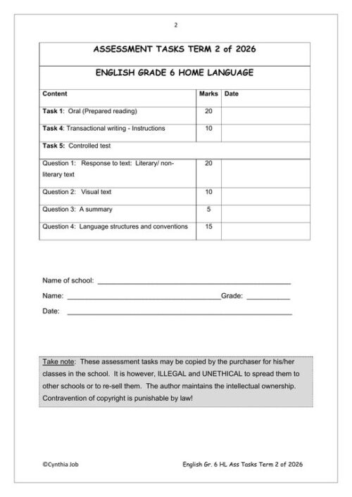 English Home Language Gr. 6 Assessment Task 2026 Term 2 – HB Trained