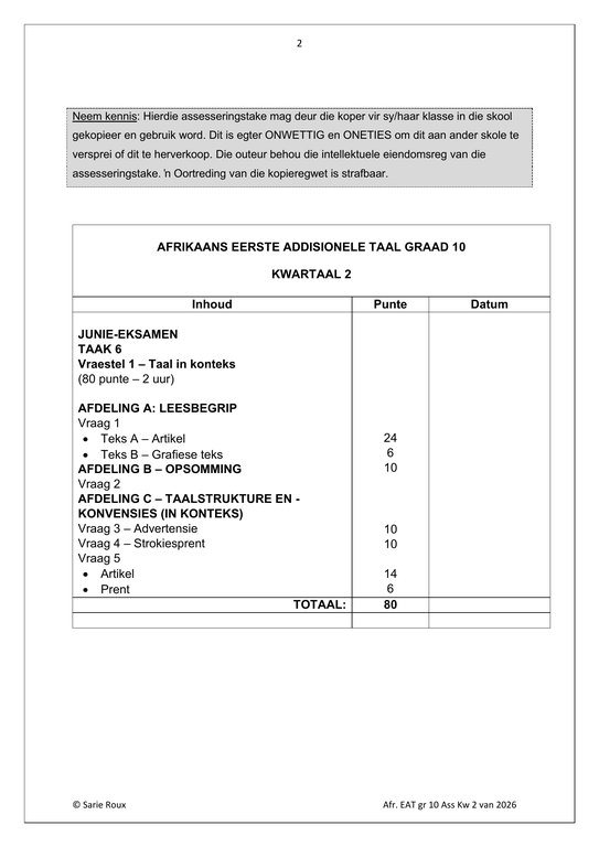 Afrikaans EAT Gr. 10 Assesseringstaak 2026 Kwartaal 2 Vraestel 1 - Image 2