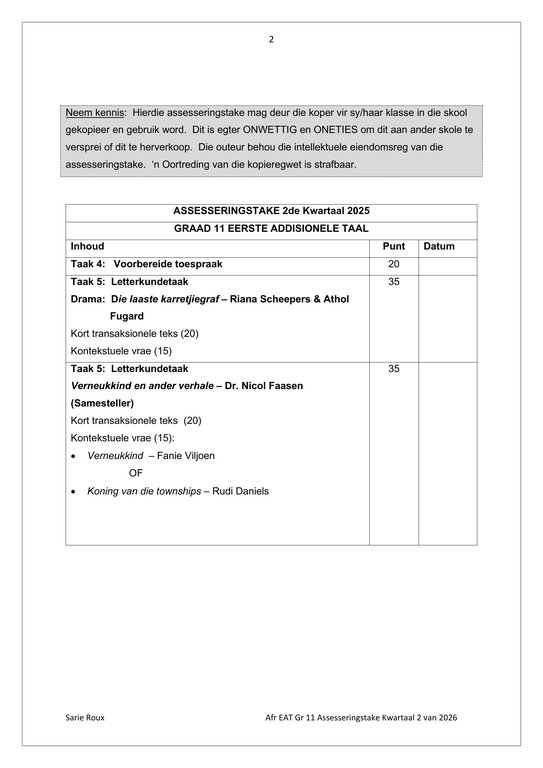 Afrikaans EAT Gr. 11 Assesseringstaak 2026 Kwartaal 2 Take 4 en 5 - Image 2