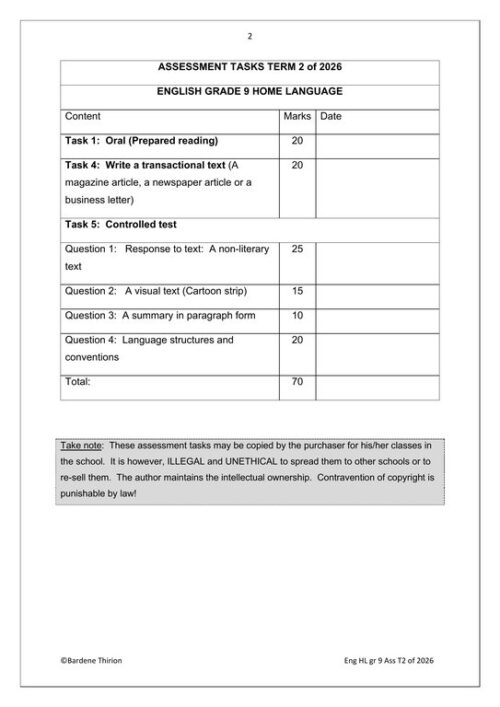 English Home Language Gr. 9 Assessment Task 2026 Term 2 – HB Trained