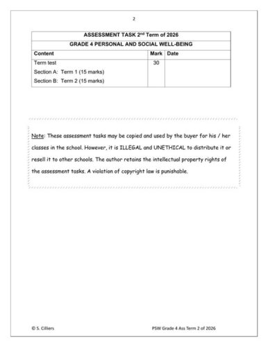 Life Skills (PSW) Gr. 4 Assessment Task 2026 Term 2 – HB Trained