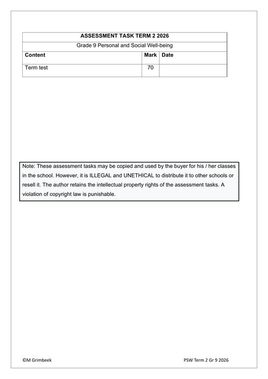 Life Skills (PSW) Gr. 9 Assessment Task 2026 Term 2 - Image 2
