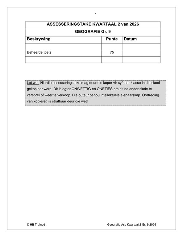 Sosiale Wetenskap Aardrykskunde Gr. 9 Assesseringstaak 2026 Kwartaal 2 - Image 2