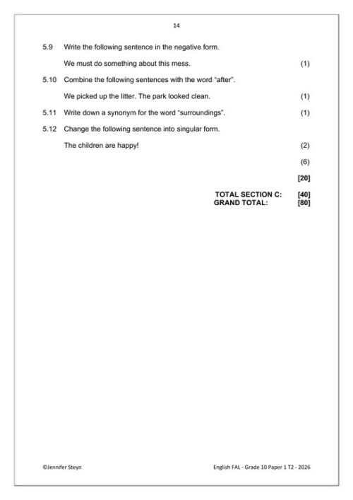 English FAL Gr. 10 Assessment Task 2026 Term 2 Paper 1 – HB Trained