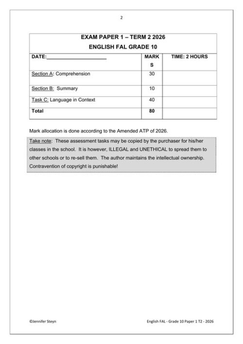 English FAL Gr. 10 Assessment Task 2026 Term 2 Paper 1 – HB Trained