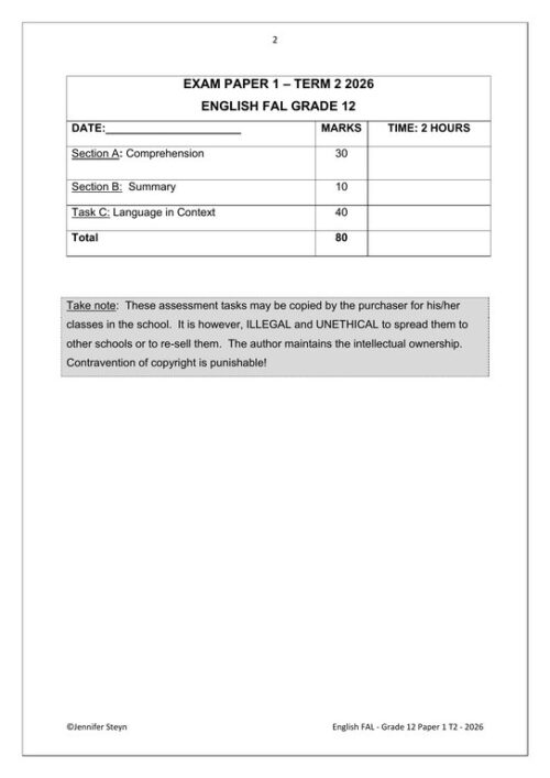 English FAL Gr. 12 Assessment Task 2026 Term 2 Paper 1 – HB Trained