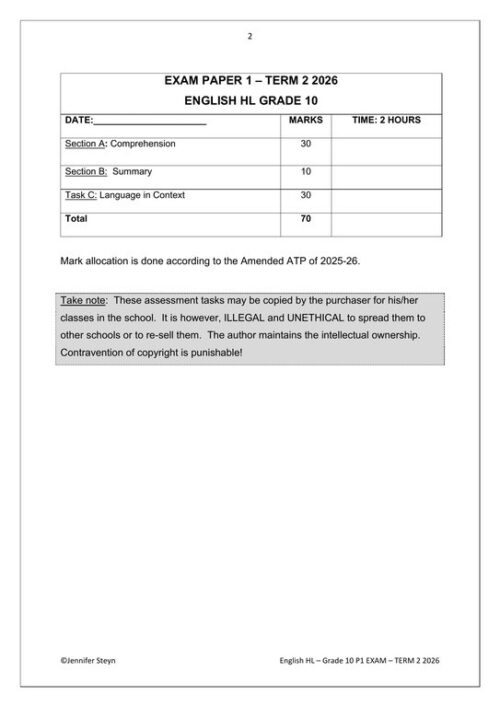 English Home Language Gr. 10 Assessment Task 2026 Term 2 Paper 1 – HB ...