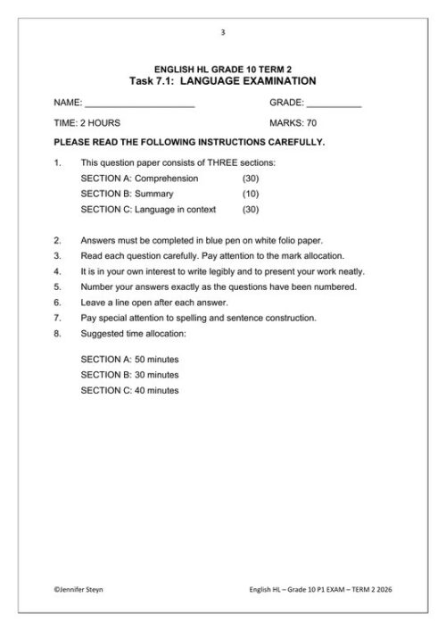English Home Language Gr. 10 Assessment Task 2026 Term 2 Paper 1 – HB ...