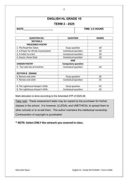 English Home Language Gr. 10 Assessment Task 2026 Term 2 Paper 2 – HB ...