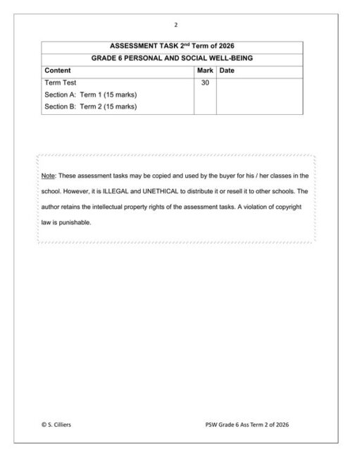 Life Skills (PSW) Gr. 6 Assessment Task 2026 Term 2 – HB Trained