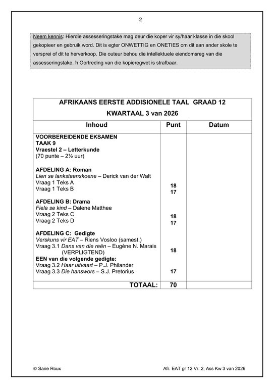 Afrikaans EAT Gr. 12 Assesseringstaak 2026 Kwartaal 3 Vraestel 2 - Image 2