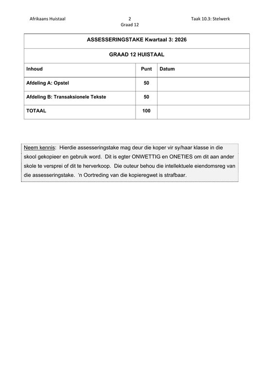 Afrikaans Huistaal Gr. 12 Assesseringstaak 2026 Kwartaal 3 Vraestel 3 - Image 2