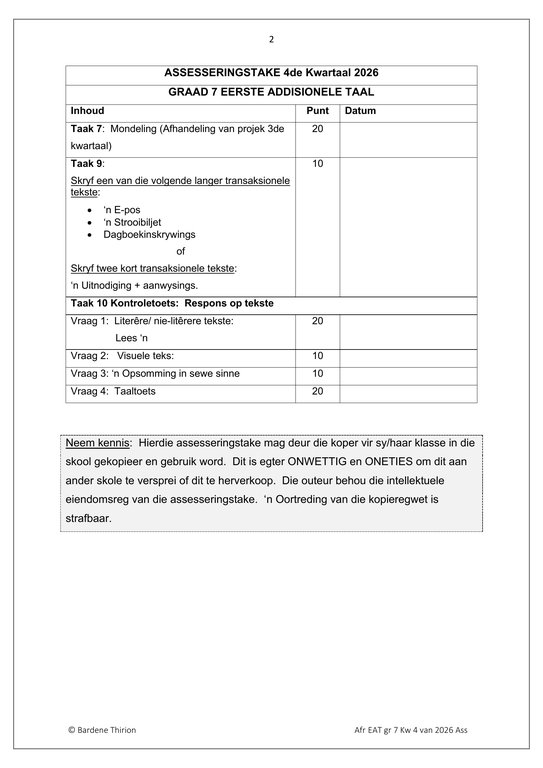 Afrikaans EAT Gr. 7 Assesseringstaak 2026 Kwartaal 4 - Image 2