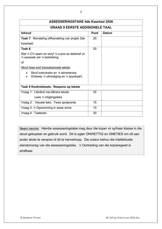 Afrikaans EAT Gr. 9 Assesseringstaak 2026 Kwartaal 4 - Image 2