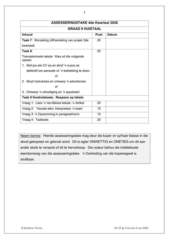 Afrikaans Huistaal Gr. 9 Assesseringstaak 2026 Kwartaal 4 - Image 2