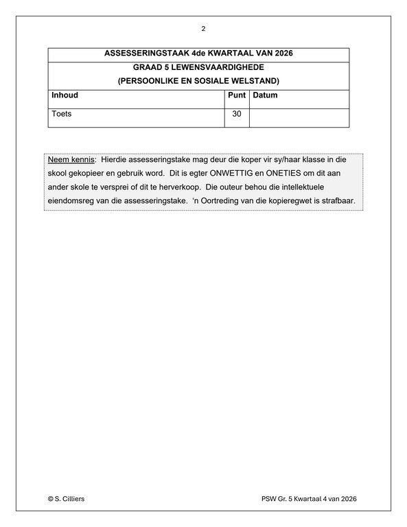 Lewensvaardighede (PSW) Gr. 5 Assesseringstaak 2026 Kwartaal 4 - Image 2
