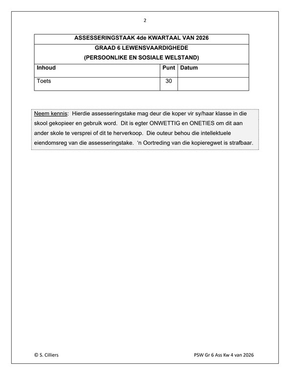 Lewensvaardighede (PSW) Gr. 6 Assesseringstaak 2026 Kwartaal 4 - Image 2