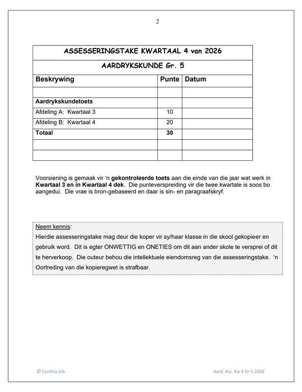 Sosiale Wetenskap Aardrykskunde Gr. 5 Assesseringstaak 2026 Kwartaal 4 - Image 2