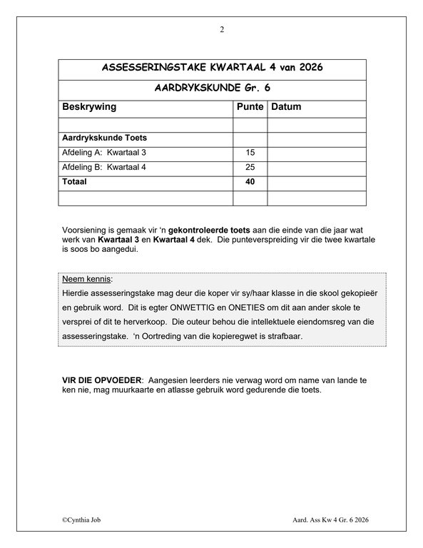 Sosiale Wetenskap Aardrykskunde Gr. 6 Assesseringstaak 2026 Kwartaal 4 - Image 2