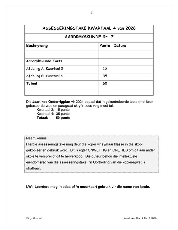 Sosiale Wetenskap Aardrykskunde Gr. 7 Assesseringstaak 2026 Kwartaal 4 - Image 2