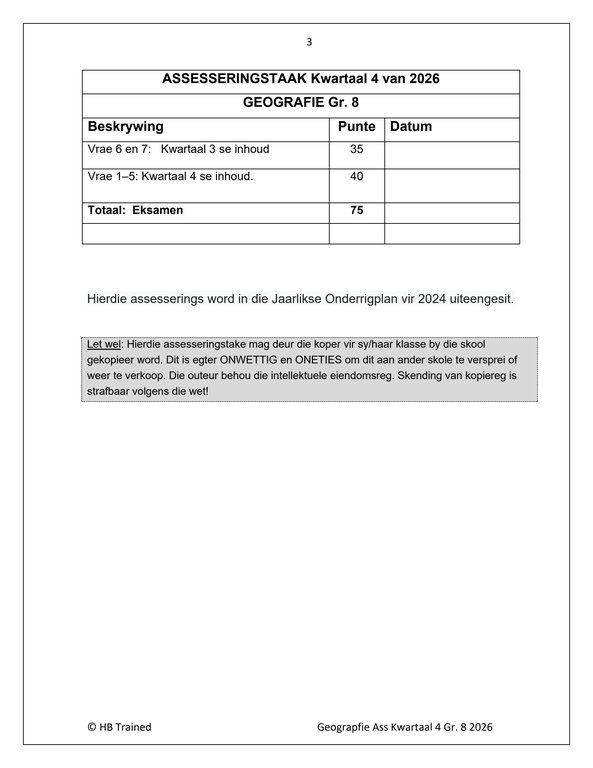 Sosiale Wetenskap Aardrykskunde Gr. 8 Assesseringstaak 2026 Kwartaal 4 - Image 2