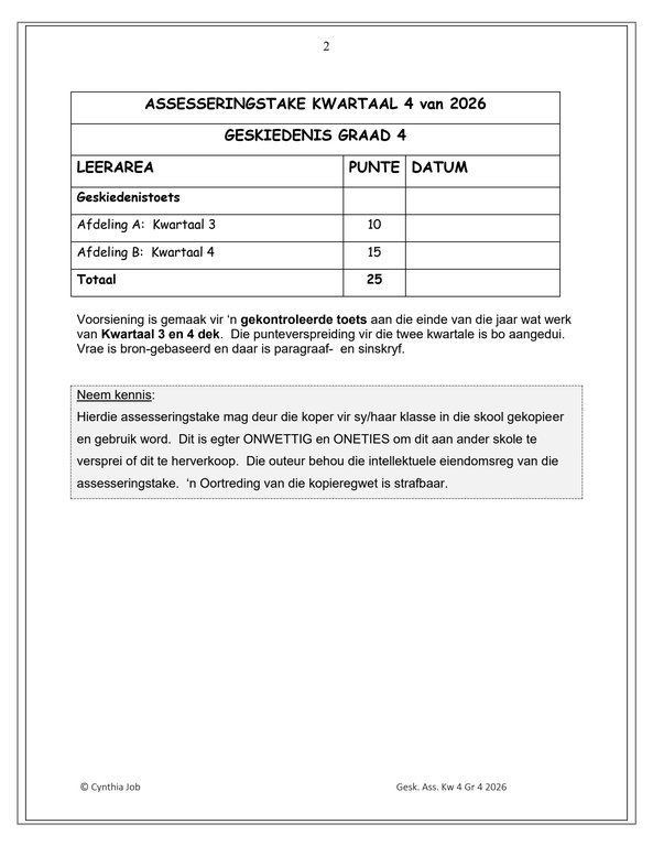 Sosiale Wetenskap Geskiedenis Gr. 4 Assesseringstaak 2026 Kwartaal 4 - Image 2