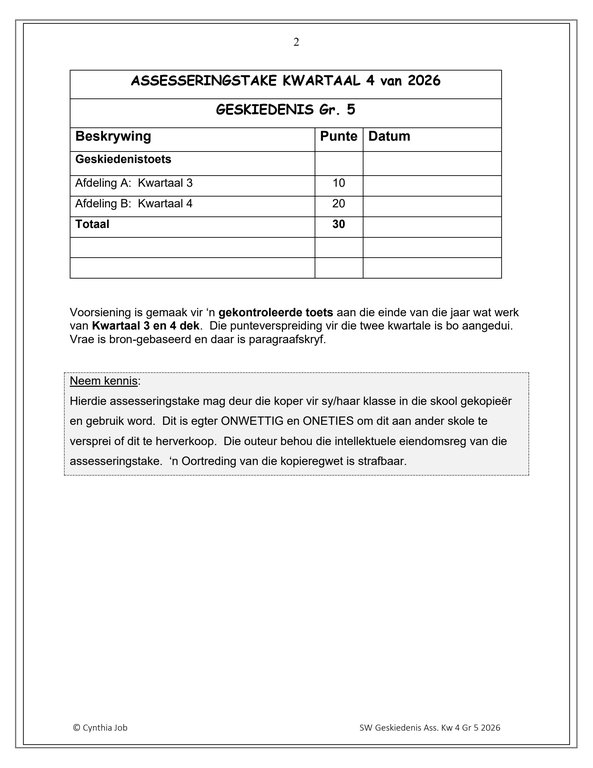 Sosiale Wetenskap Geskiedenis Gr. 5 Assesseringstaak 2026 Kwartaal 4 - Image 2