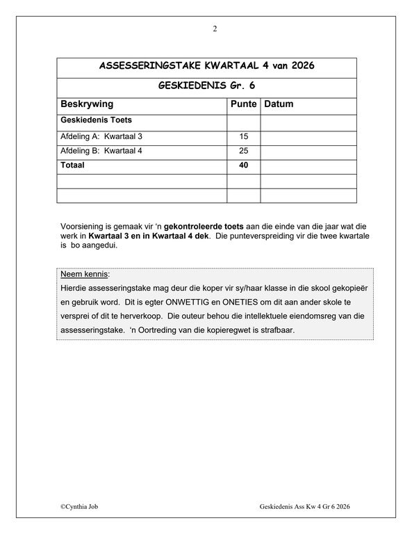 Sosiale Wetenskap Geskiedenis Gr. 6 Assesseringstaak 2026 Kwartaal 4 - Image 2