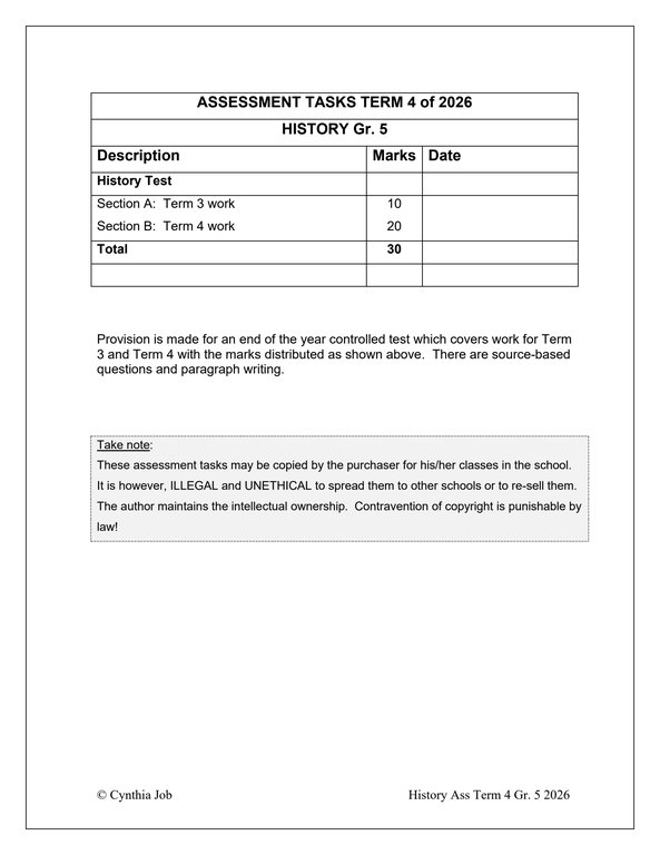 Social Sciences History Gr. 5 Assessment Task 2026 Term 4 - Image 2