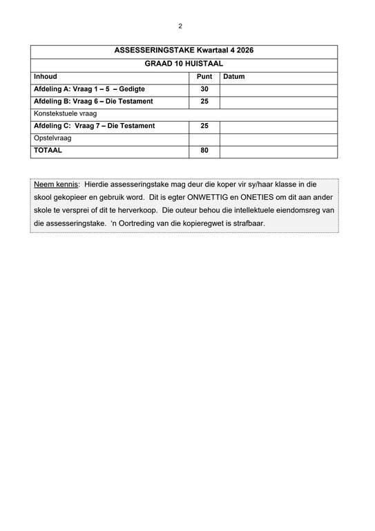 Afrikaans Huistaal Gr. 10 Assesseringstaak 2026 Kwartaal 4 Vraestel 2 - Image 2